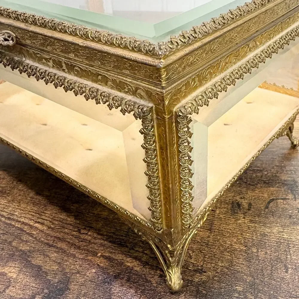 Vintage French‎ Jewelry Box Footed Casket Ormulu Filigree Beveled Glass Regency